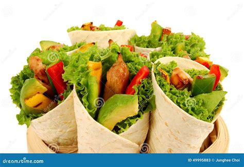 Chicken And Avocado Wrap Sandwiches On Isolated White Background Stock