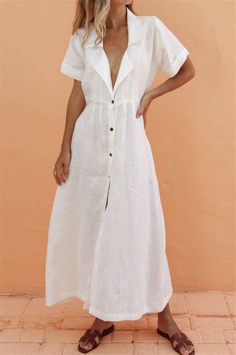 White Button Up Short Sleeve Casual Maxi Shirt Dress
