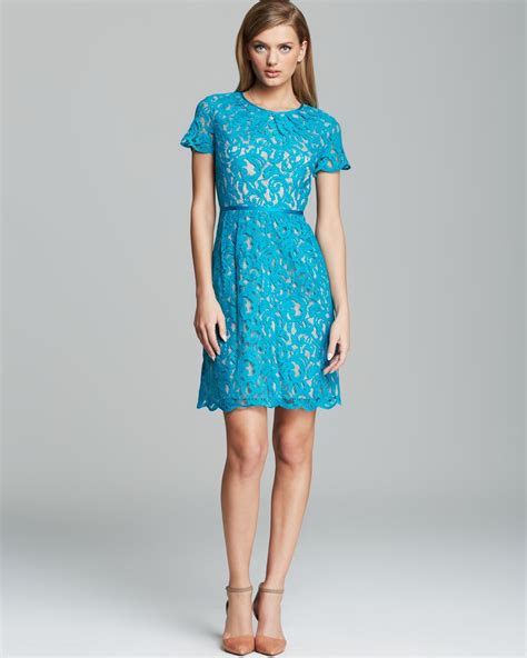 Lyst Adrianna Papell Dress Short Sleeve Lace Fit And Flare In Blue