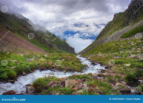 Powerful Stream Of Mountain River Running Down The Valley Stock Image