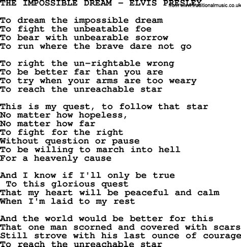 The Impossible Dream Elvis Presley Txt By Elvis Presley Lyrics And