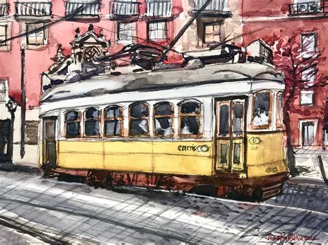 Yellow Tram Lisbon Portugal Watercolor Painting Etsy Canada