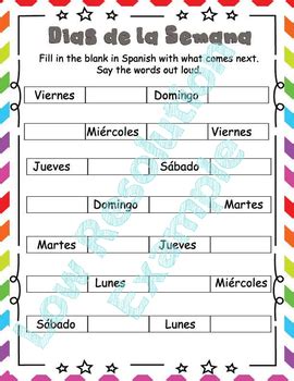 Spanish Days Of Week Worksheets