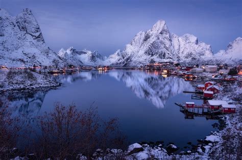 887310 4k 5k Norway Winter Mountains Lofoten Houses Reflection