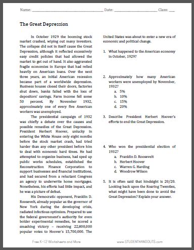 The cause of the great depression the economic expansion of the 1920's, with its increased production of goods and high profits, culminated in immense consumer speculation that collapsed with disastrous results in 1929 causing america's great depression. Great Depression Reading with Questions | Student Handouts