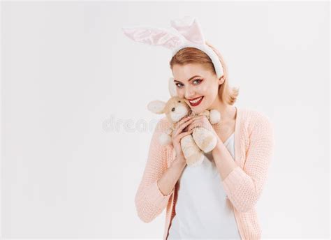 Happy Easter Woman In Rabbit Bunny Ears Happy Woman In Bunny Ears