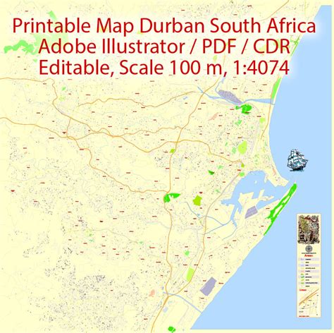 Durban Map South Africa Printable Vector Exact Detailed City Plan 100