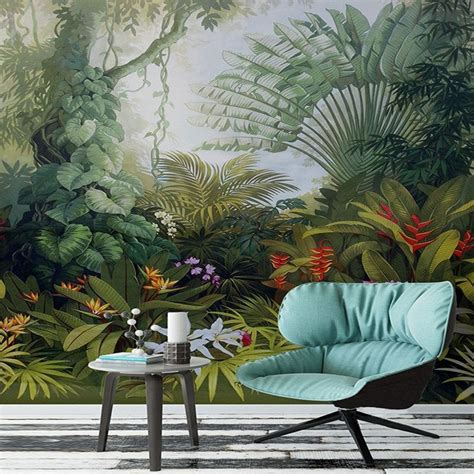 Custom Mural Wallpaper Hand Painted Tropical Rainforest Plant Landscape