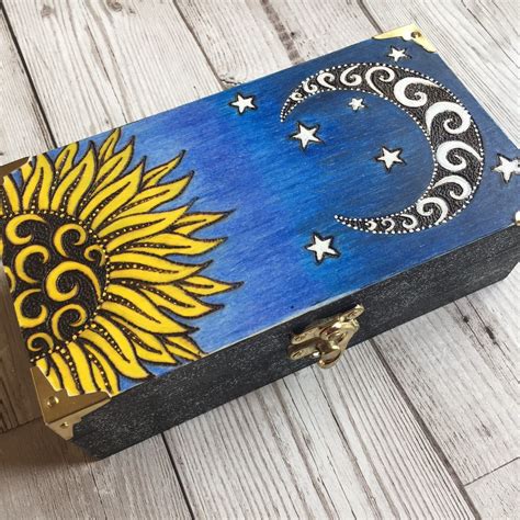 Sun And Moon Wooden Jewellery Box Pyrography Handpainted Etsy
