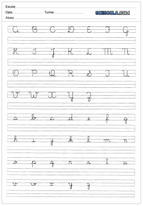 Caligrafia do alfabeto com letras cursivas maiúsculas e minúsculas SÓ ESCOLA
