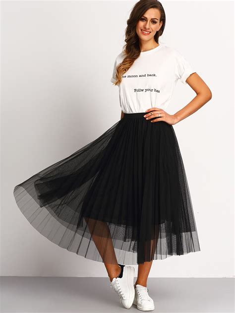 Mesh Pleated Elastic Waist Skirt Skirts Bottoms Women Fashion Black Pleated Skirt