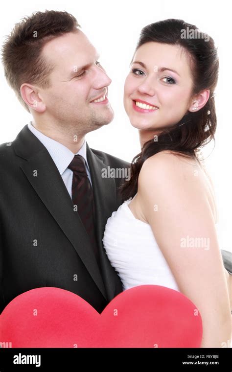 Wedding Day Portrait Happy Bride And Groom Holding Red Heart Isolated