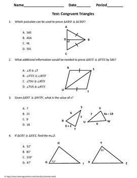 Triangle congruence online activity for 8. Geometry Test: Congruent Triangles by My Geometry World | TpT