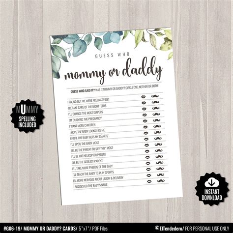 You can use any images you want: Mommy or Daddy Guess Who Game Cards. Printable Greenery Baby Games. Who Said It Game. Modern ...