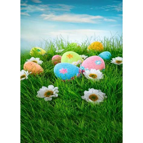 5x7ft Happy Easter Eggs Daisy Flowers Green Grass Field Clouds Sky