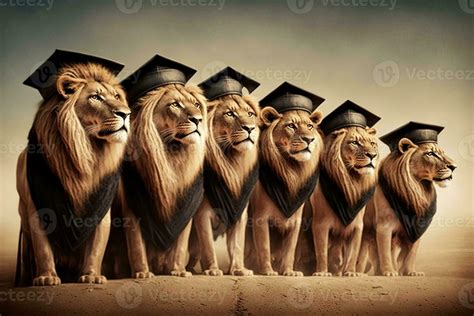 Lions Standing In A Line Wearing Graduation Caps And Gowns With A