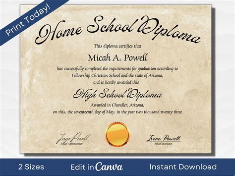 Printable Homeschool Diploma Template Editable High School - Etsy