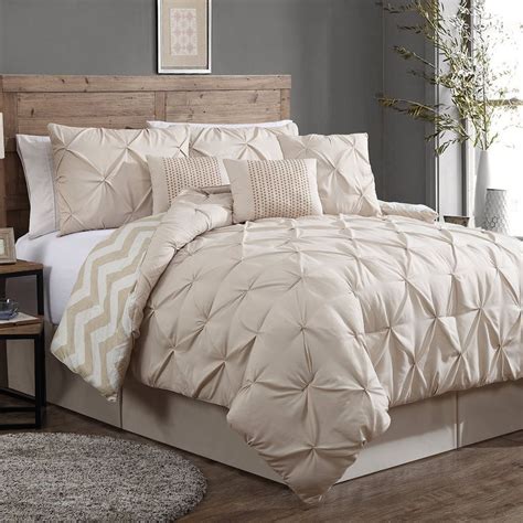 Bedroom Comforter Set King Size Taupe 7 Piece Pleated Bed Comforter