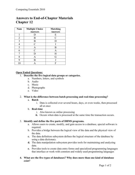 Answers To End Of Chapter Materials