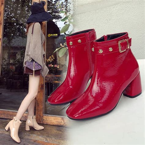 Winter Ankle Boots Women Red Patent Leather Chunky Bare Botas Buckle