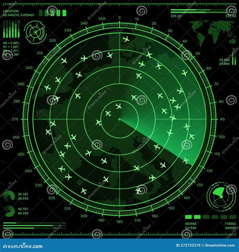 Air Control Radar Screen with Airplanes and Map Stock Vector