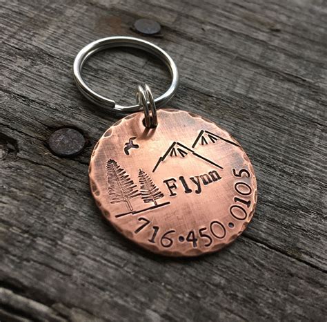 Adorable hand stamped pet tag or key chain ideas for adventurers. Mountain scene dog ID tag rustic copper pet tag | Custom ...
