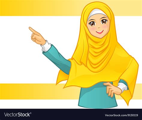 Muslim Woman Wearing Yellow Veil With Pointing Ar Vector Image