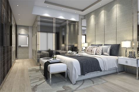 This sleek and minimalist bedroom still speaks to luxury but it does so in a whisper. luxury modern bedroom suite in hotel with wardrobe 3D ...