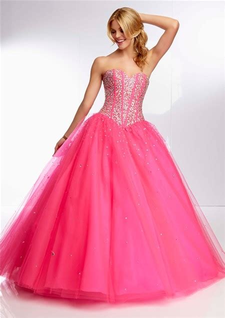 Ball Gown Sweetheart Long Hot Pink Tulle Beaded Boned Bodice Prom Dress Corset Back