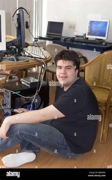 Computer Nerd Technician Plus Sized Male Happy Smiling Repairing