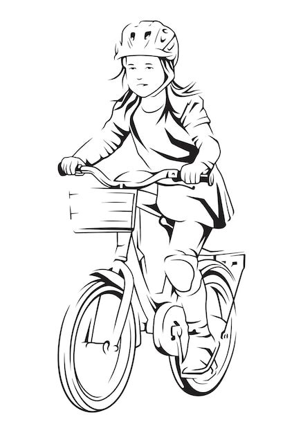 Premium Vector A Girl Riding Bicycle Vector Line Art Illustration