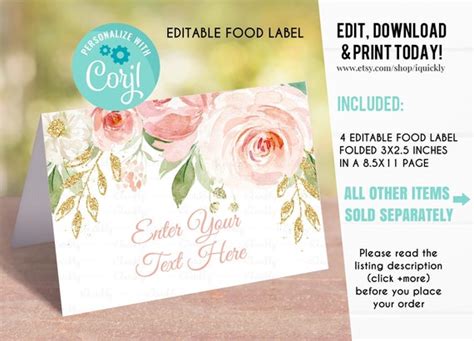 Editable Blush Pink Floral Food Tags Buffet Label Tent Card Food
