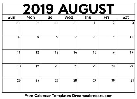 August 2019 Calendar Free Printable Monthly Calendars Printable