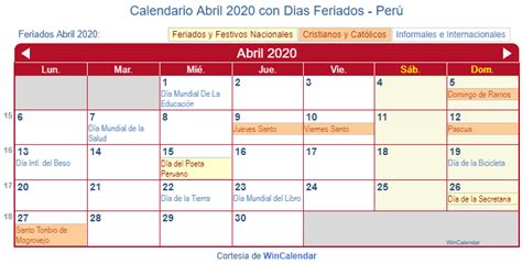 Calendario Abril 2020 Para Imprimir Perú