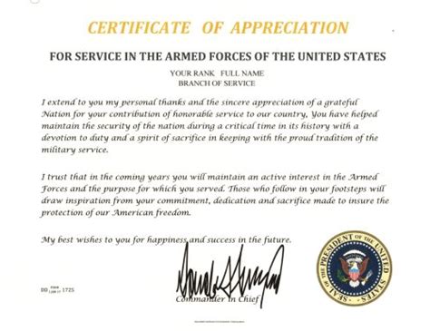 Presidents Certificate Of Appreciation Donald Trump Military