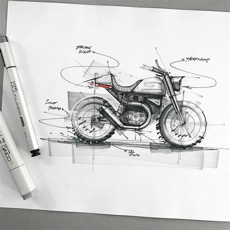 Industrial Design Sketch Of A Cafe Racer Style Motorcycle Drawn With