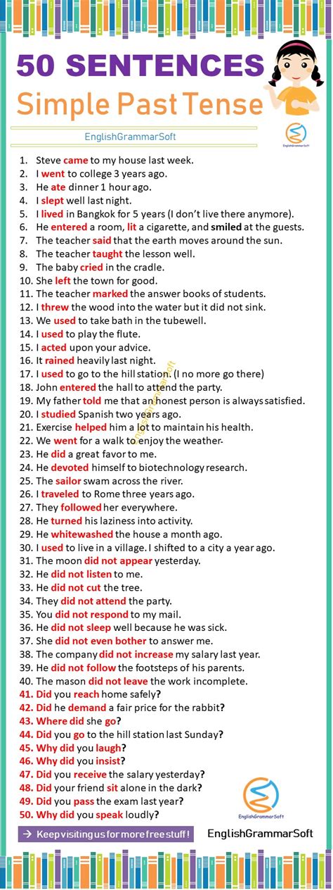 The simple past tense, sometimes called the preterite, is used to talk about a completed action in a time before now. 50 Sentences of Simple Past Tense (Affirmative, Negative ...