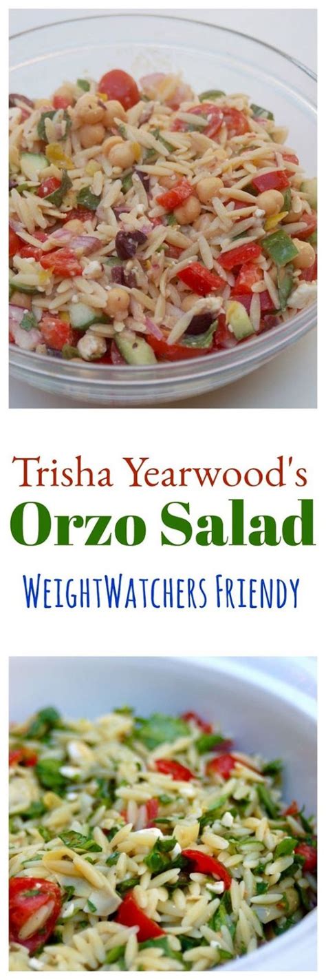 Recipe courtesy of trisha yearwood. TRISHA YEARWOOD ORZO SALAD RECIPE MADE WEIGHT WATCHERS FRIENDLY - 5 WW FREESTYLE SMARTPOINTS ...