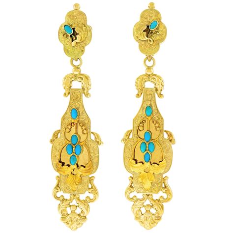 Antique Turquoise Set Gold Inch Long Chandelier Earrings For Sale At