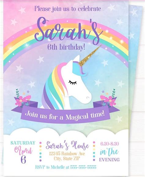 Sweet Party With Rainbow Unicorn Invitation Template Free Printable