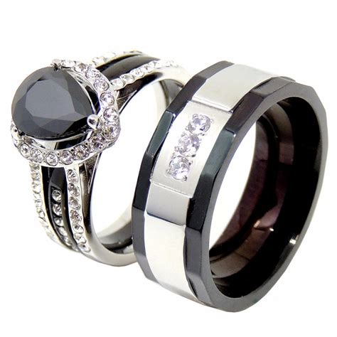 his-hers-couples-ring-set-womens-black-pear-cz-wedding-ring-mens-3-cz