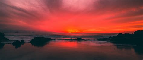 Download Wallpaper 2560x1080 Beach Sunset Sea Horizon