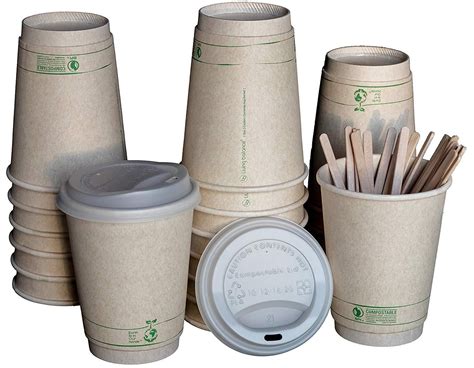 Compostable Coffee Cups To Go With Lids Wooden Stirrers And