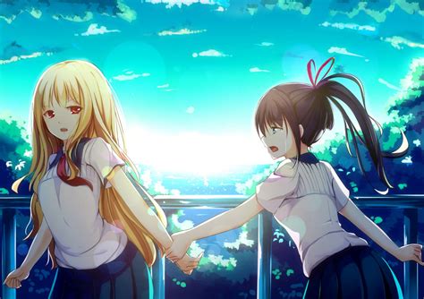 Papel De Parede Ilustração Loiras Cabelo Longo Anime Meninas Anime Uniforme Escolar