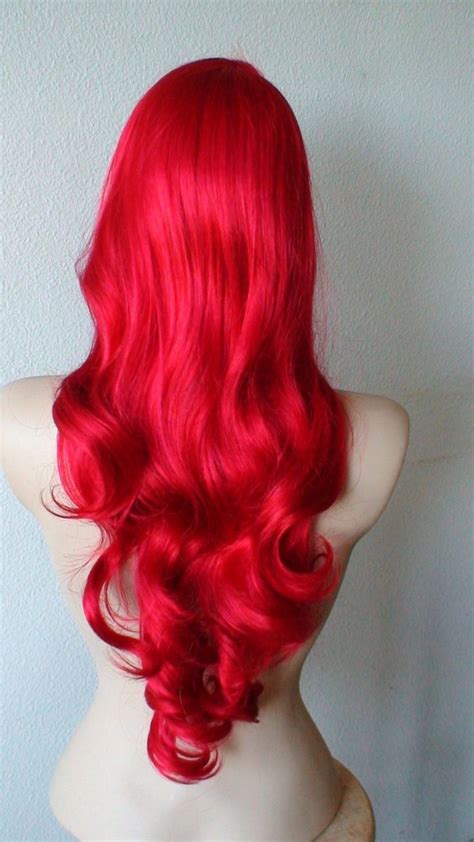 Red Wig Mermaid Cosplay Wig Long Curly Red Hair With Long Side Bangs