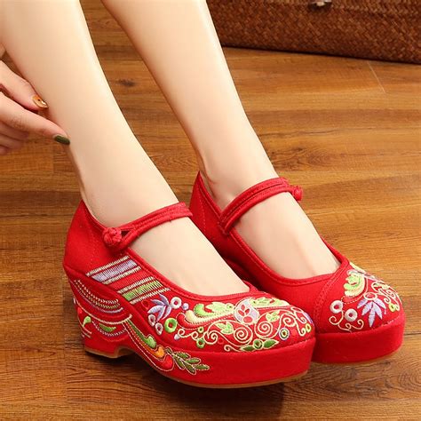 8 Cm High Heels Women Shoes Chinese Retro Embroidery Wedding Shoes Old Peking Red Bottom High