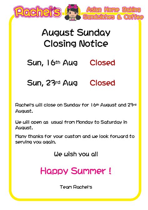 August 2015 Sunday Closing Notice Rachels Café