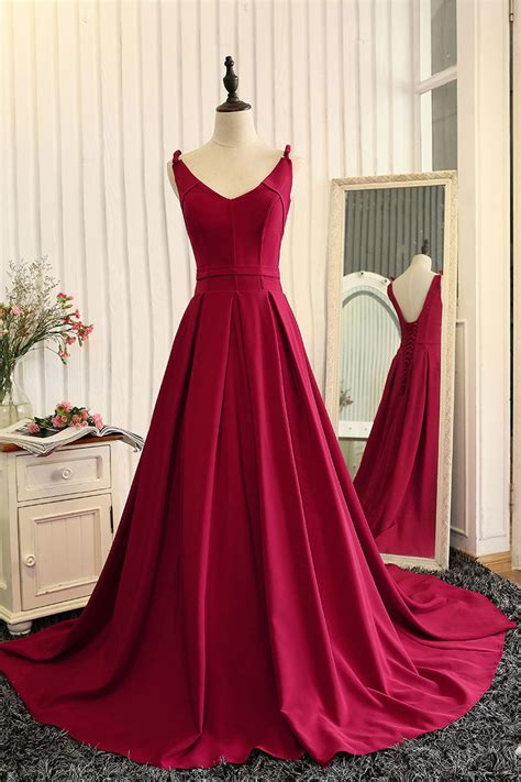 Red V Neck Satin Long Prom Dress Red Evening Dress Dresstby