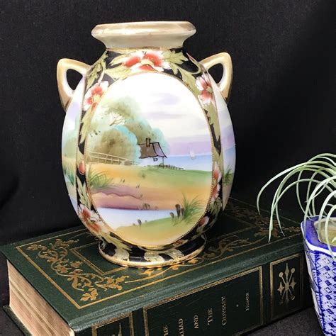 Antique Hand Painted Nippon Vase With Landscape Design Floral Etsy