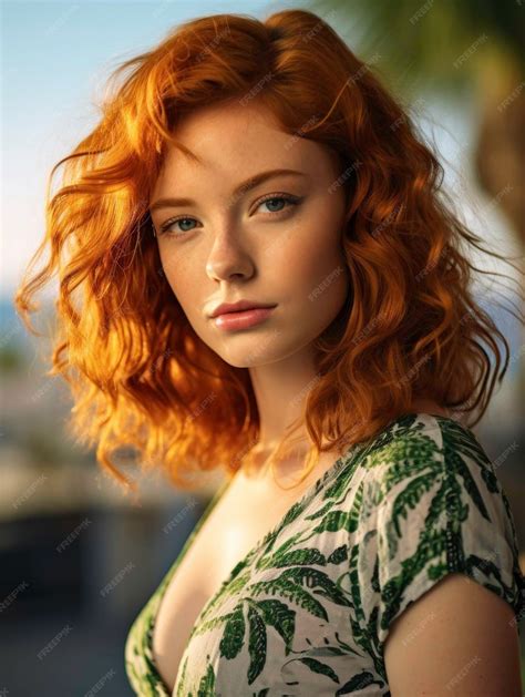 Premium Photo Close Up Of Shy Curly Redhead Girl With Green Eyes And Floral Dress Generated By Ai